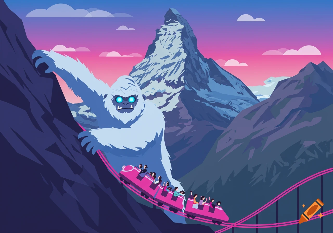A large white yeti is depicted reaching down a mountain slope next to a pink roller coaster carrying people. A tall mountain peak is behind the yeti under a vibrant pink and purple sky. Flat illustration style.