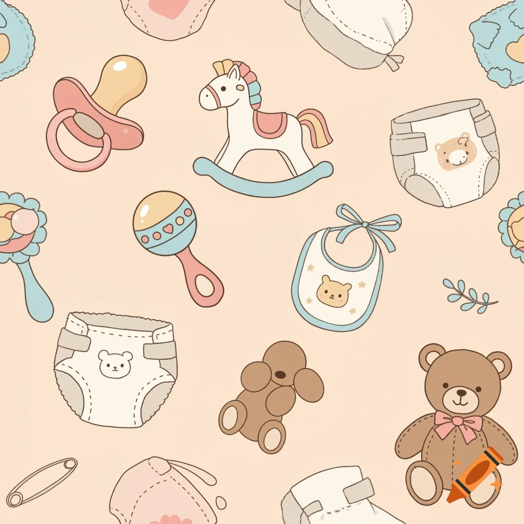 Cute seamless pattern of baby items including pacifiers, rocking horses, rattles, diapers, bibs, and teddy bears.