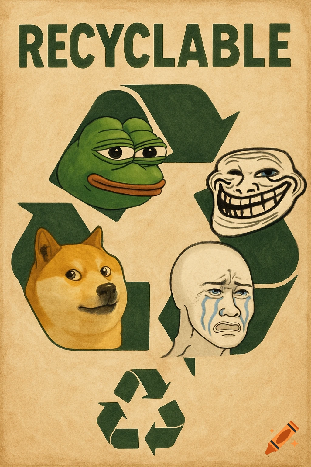 Poster with RECYCLABLE text and heads of Pepe the Frog, Trollface, Doge, and Wojak memes arranged around a recycling symbol.