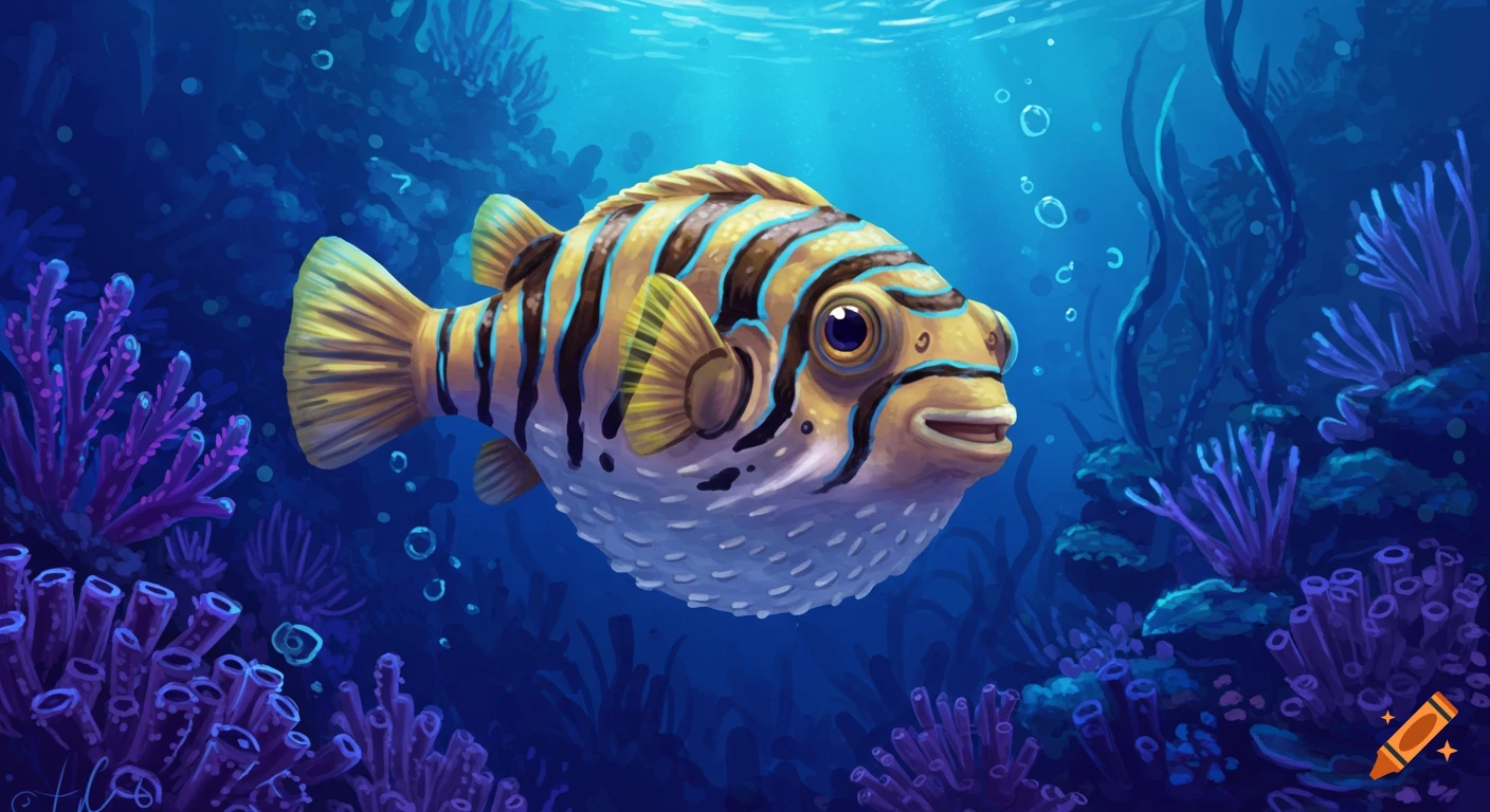 Stylized illustration of a yellow and black striped puffer fish swimming in a coral reef with purple coral.
