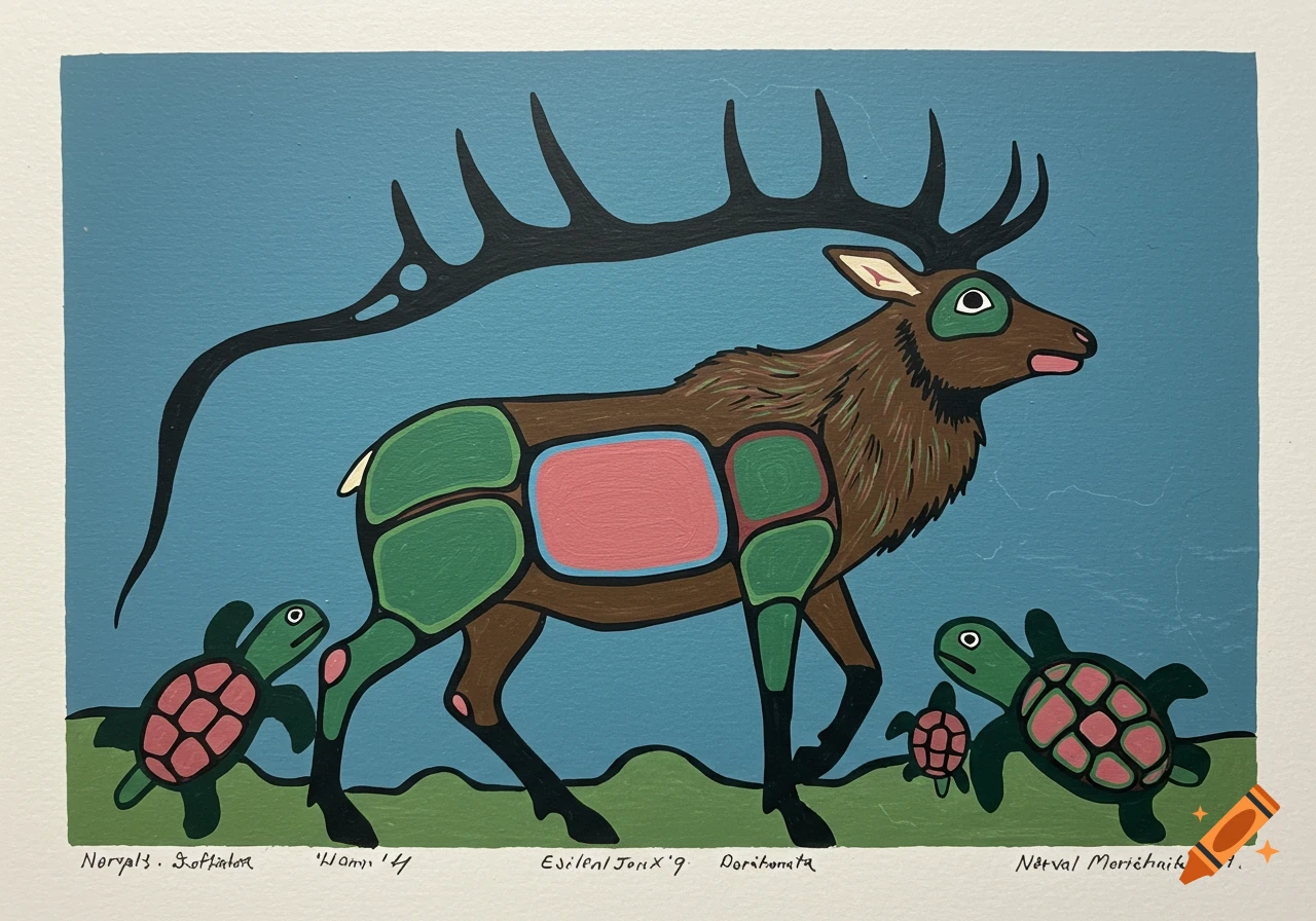 A painting in Norval Morrisseau style featuring an elk with stylized markings and two turtles.