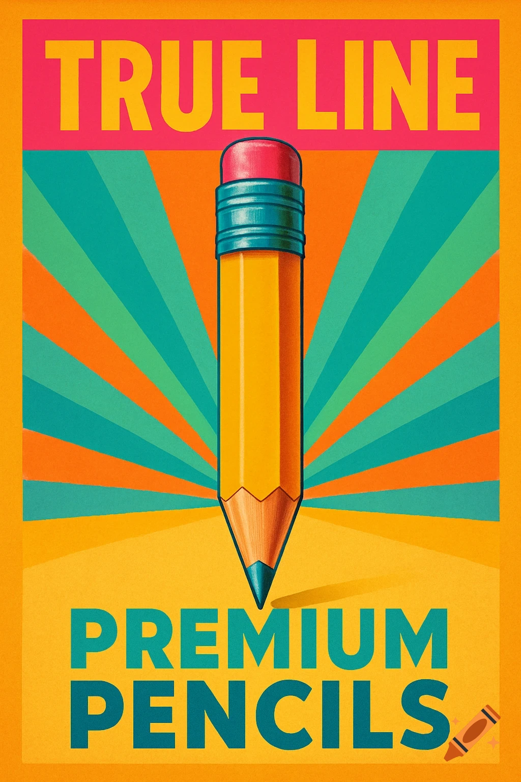 A bright retro-style poster advertising 'TRUE LINE PREMIUM PENCILS' featuring a large yellow pencil against a radiating orange and teal background.
