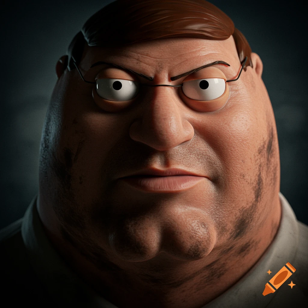 Close-up realistic portrait of Peter Griffin with a stern expression.