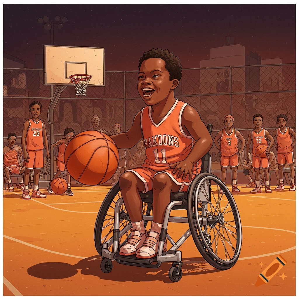 Young Black boy in wheelchair playing basketball with other children on an outdoor court, stylized illustration.