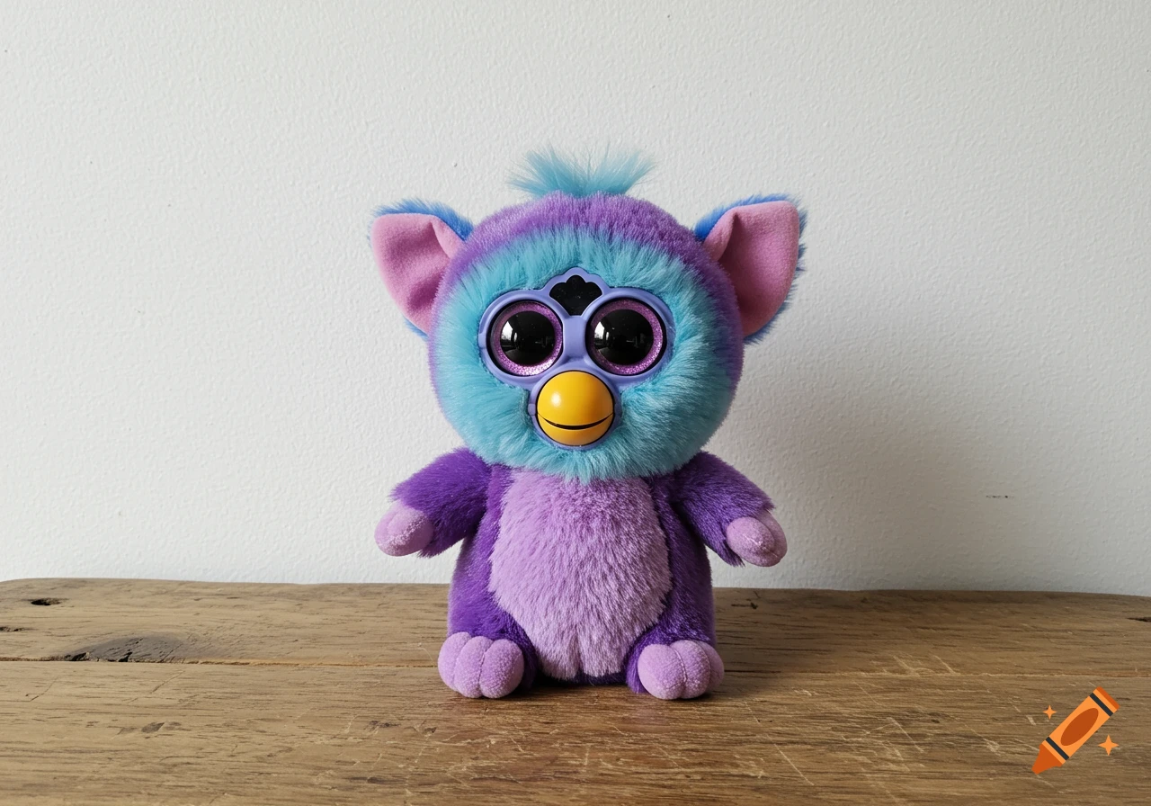 A purple, blue, and pink plush toy with big eyes sits on a wooden table.