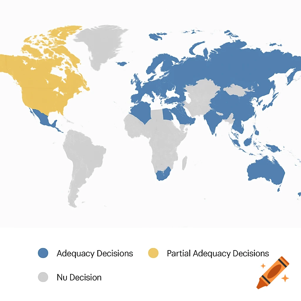 A world map shows regions colored blue, yellow, and grey with a legend for 'Adequacy Decisions', 'Partial Adequacy Decisions', and 'Nu Decision'.