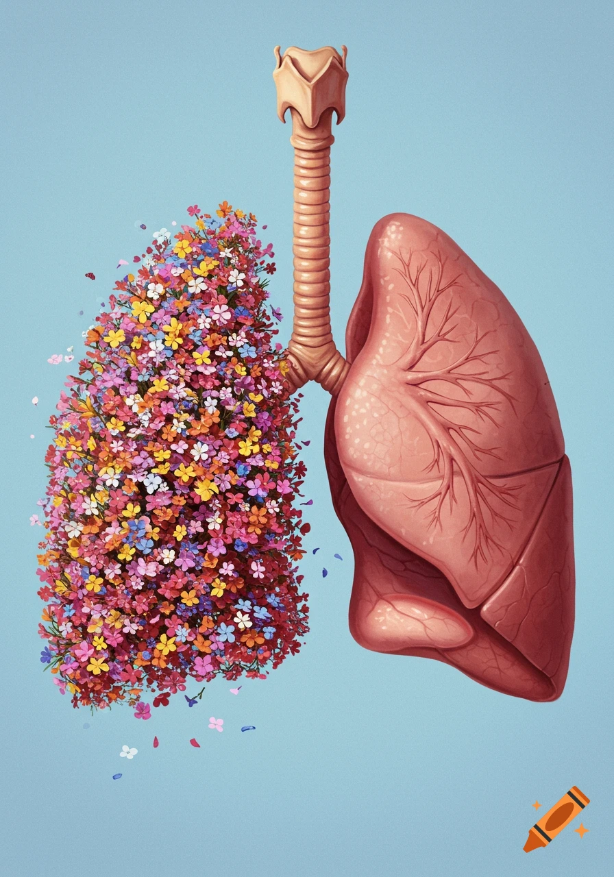 Illustration of a human trachea and lungs, with one lung replaced by a dense cluster of colorful flowers, against a blue background.
