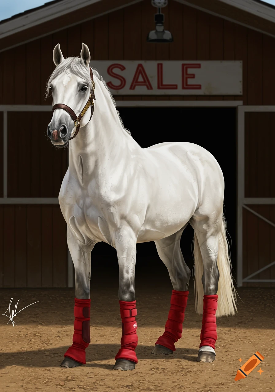 White horse with red leg wraps stands in front of a barn with a SALE sign.