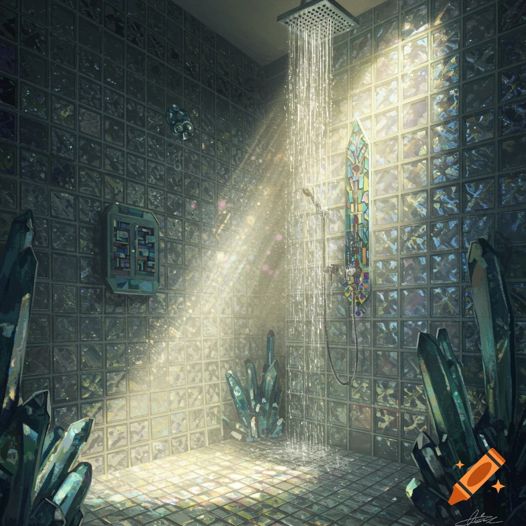 A dramatic, crystal-filled shower stall lit by sunbeams, resembling a cathedral.