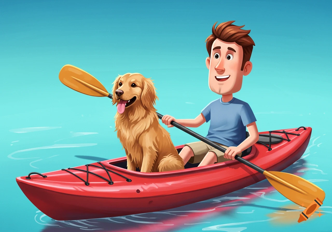 Cartoon man and golden retriever paddle a red kayak on blue water.