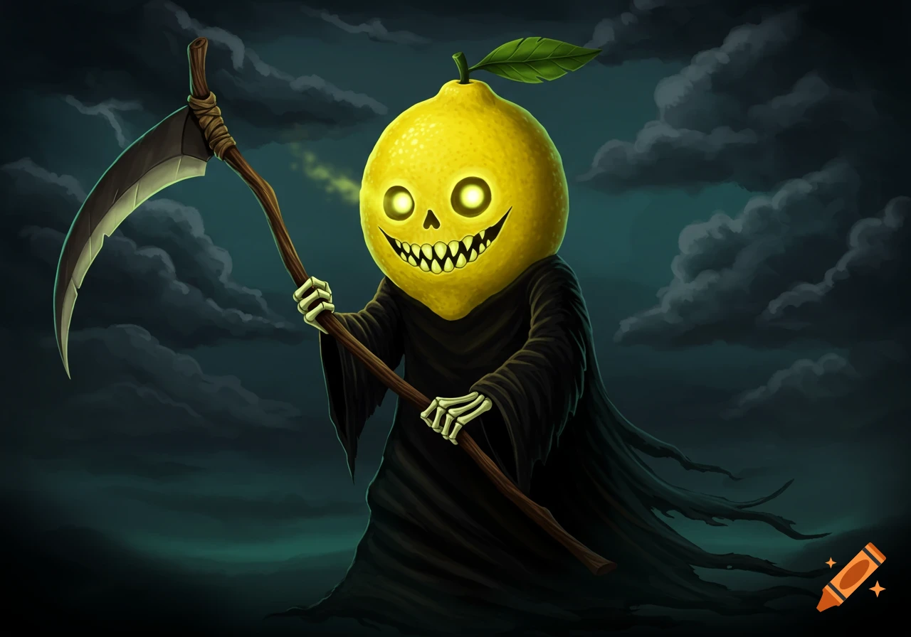 A cartoonish lemon character dressed as the Grim Reaper holds a scythe against a dark cloudy sky.