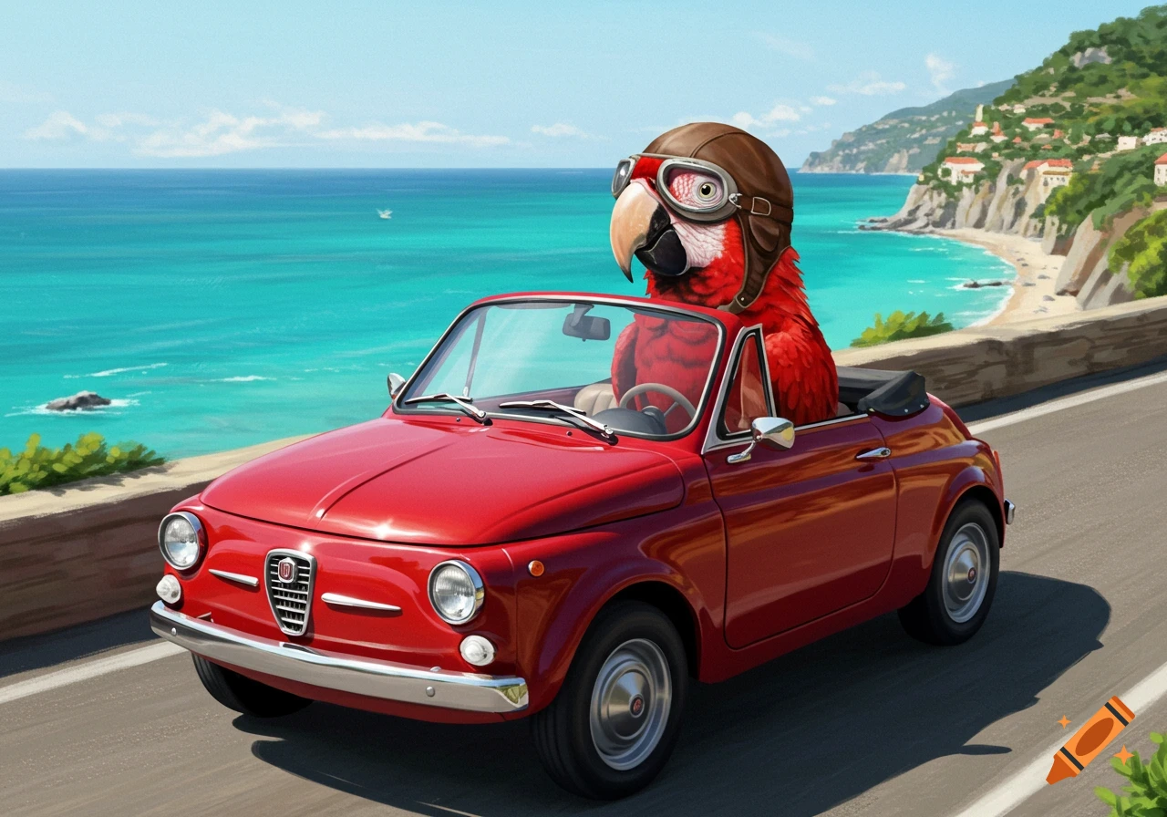 A red parrot in a pilot helmet drives a red convertible car on a coastal road.