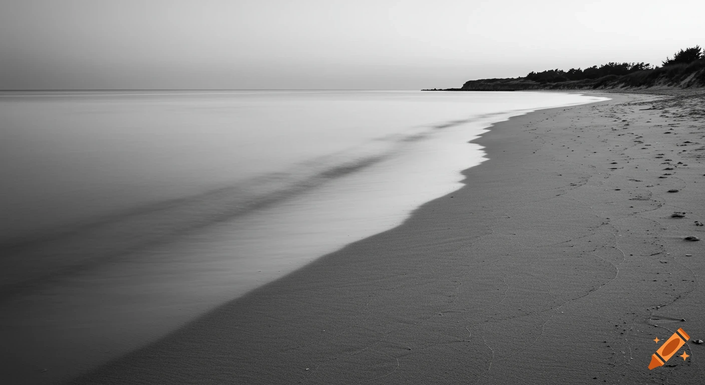 Black and white long exposure photo of a beach with smooth water, a curved shoreline, and distant trees.
