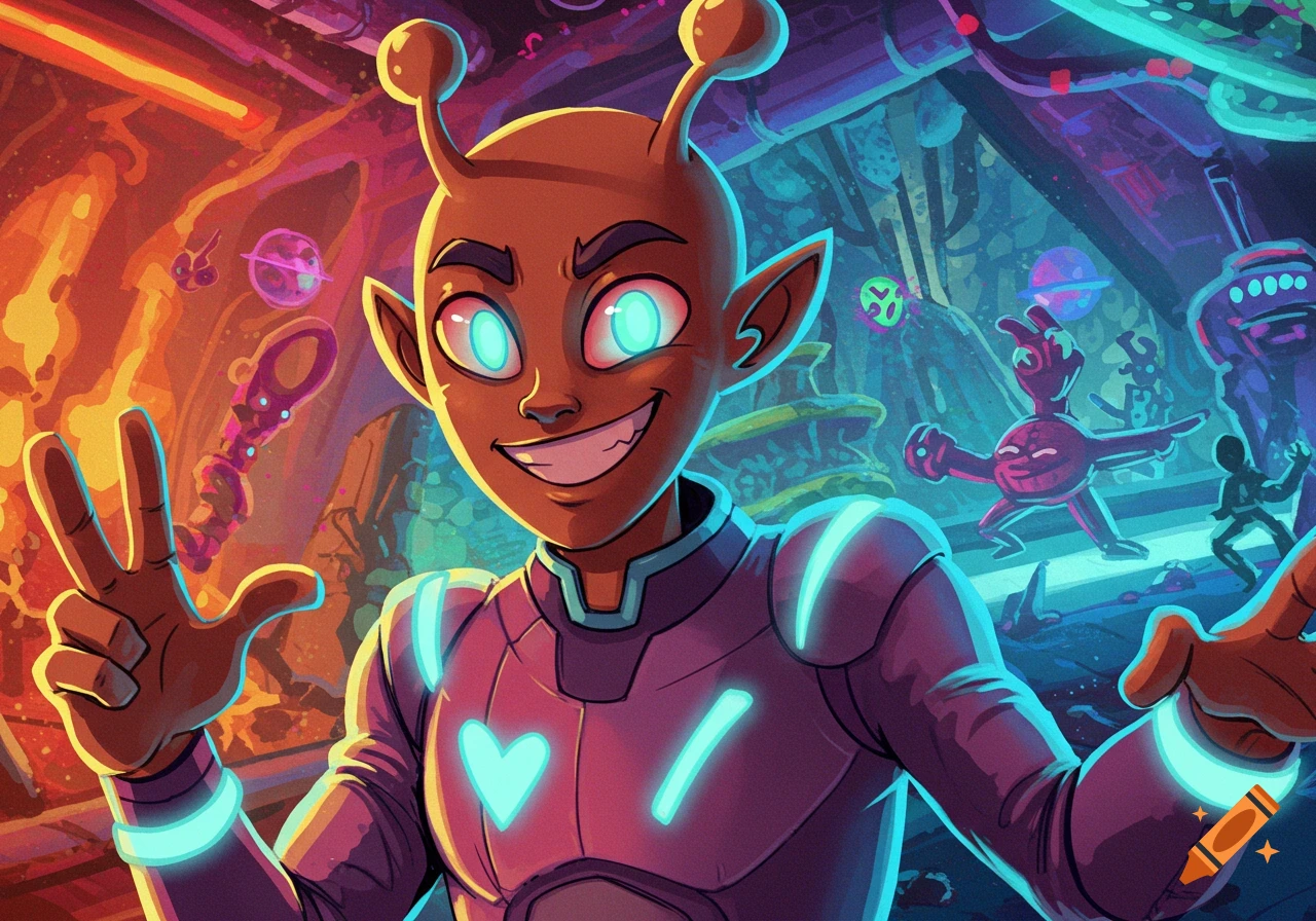 Cartoon alien character smiling and holding up three fingers in a colorful sci-fi setting.