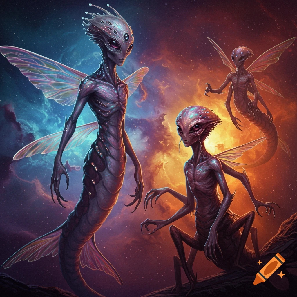 Three winged alien creatures in a cosmic background with nebulae.