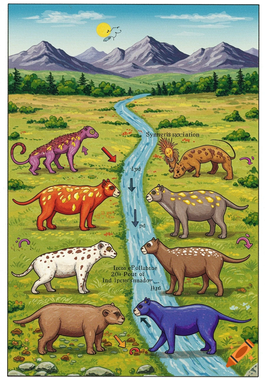 Stylized illustration of colorful fantasy creatures around a river in a landscape, with arrows and text labels.