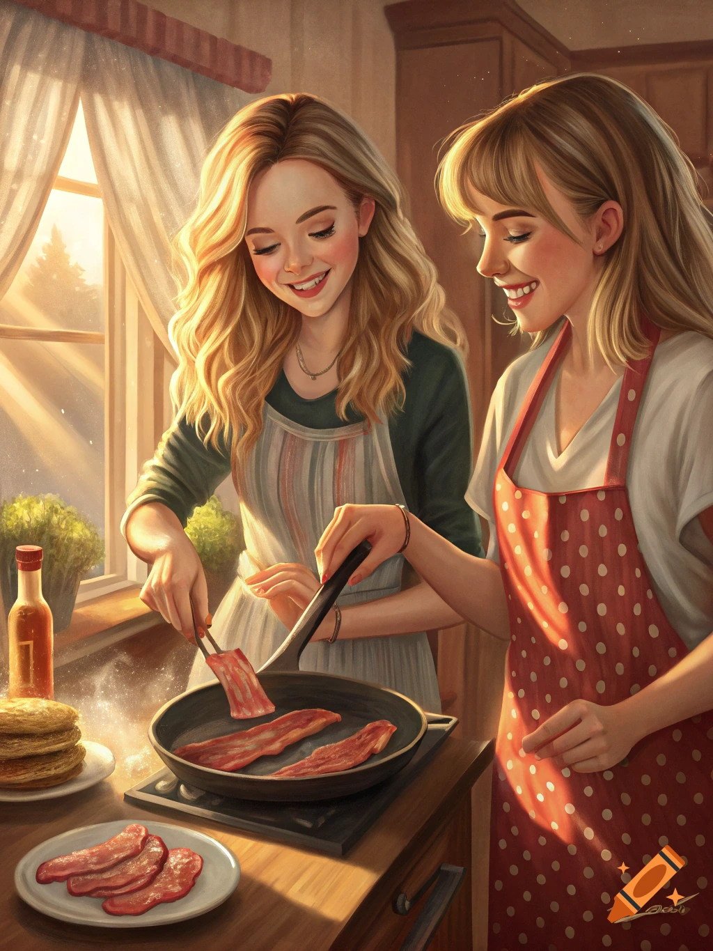 Two women cooking bacon in a sunlit kitchen, illustration style.