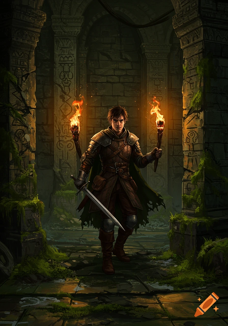 A fantasy explorer with torches and a sword in a dark, ruined dungeon.