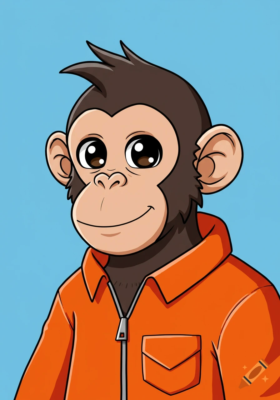 A cartoon chimpanzee wearing an orange jacket stands against a blue background.