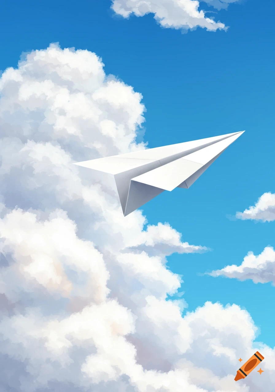 A white paper airplane flies through a bright blue sky filled with fluffy white clouds. Illustration.