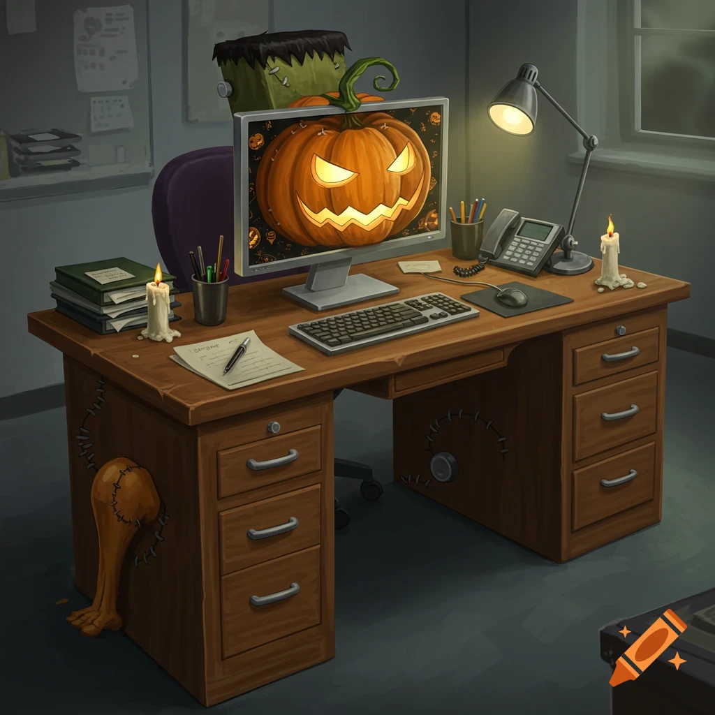 A Halloween-decorated office desk with a jack-o'-lantern on the computer screen and spooky elements.