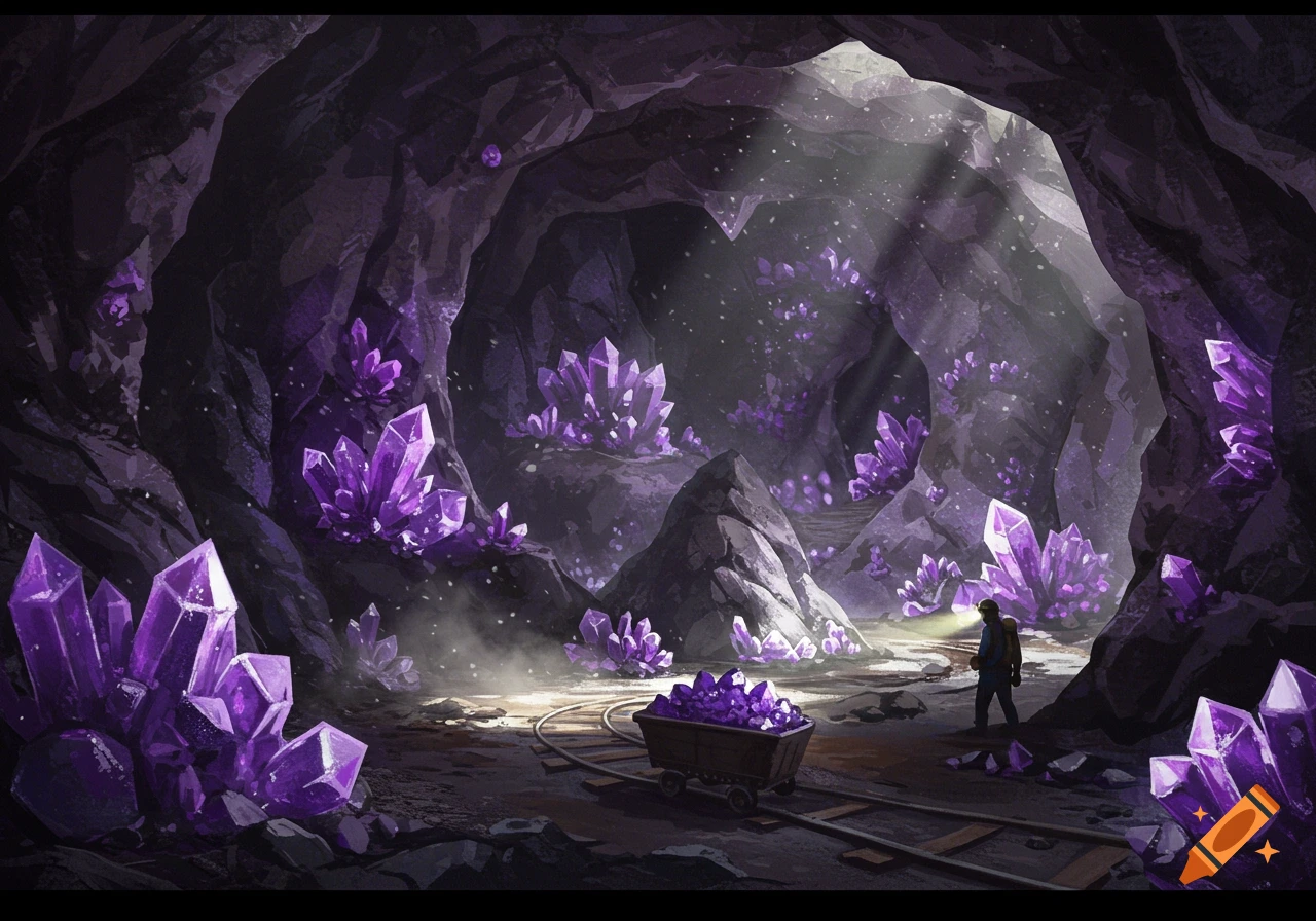 A fantasy illustration of a miner in a cave filled with glowing purple amethyst crystals.