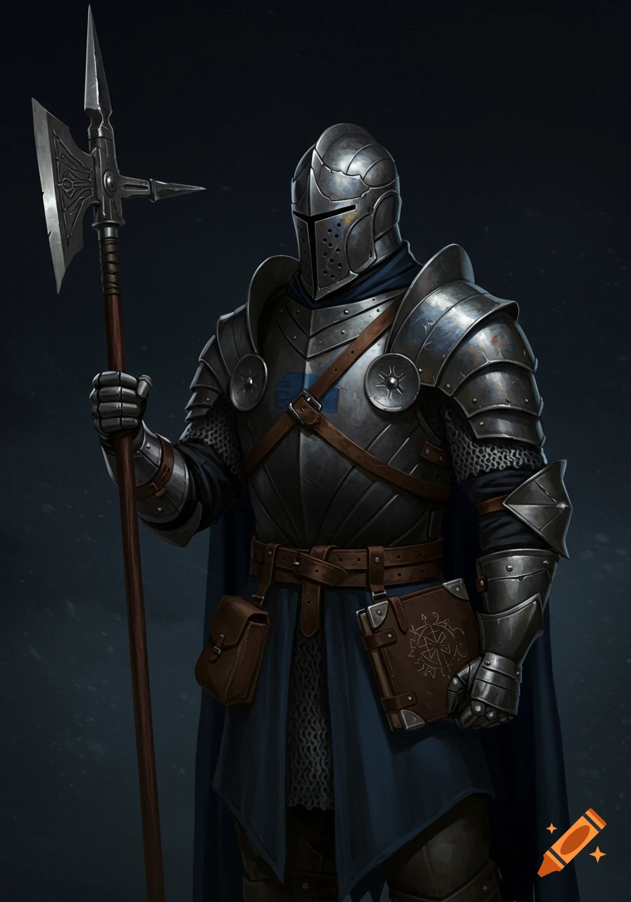 Full body portrait of a fantasy knight in dark armor holding a polearm and spellbook.