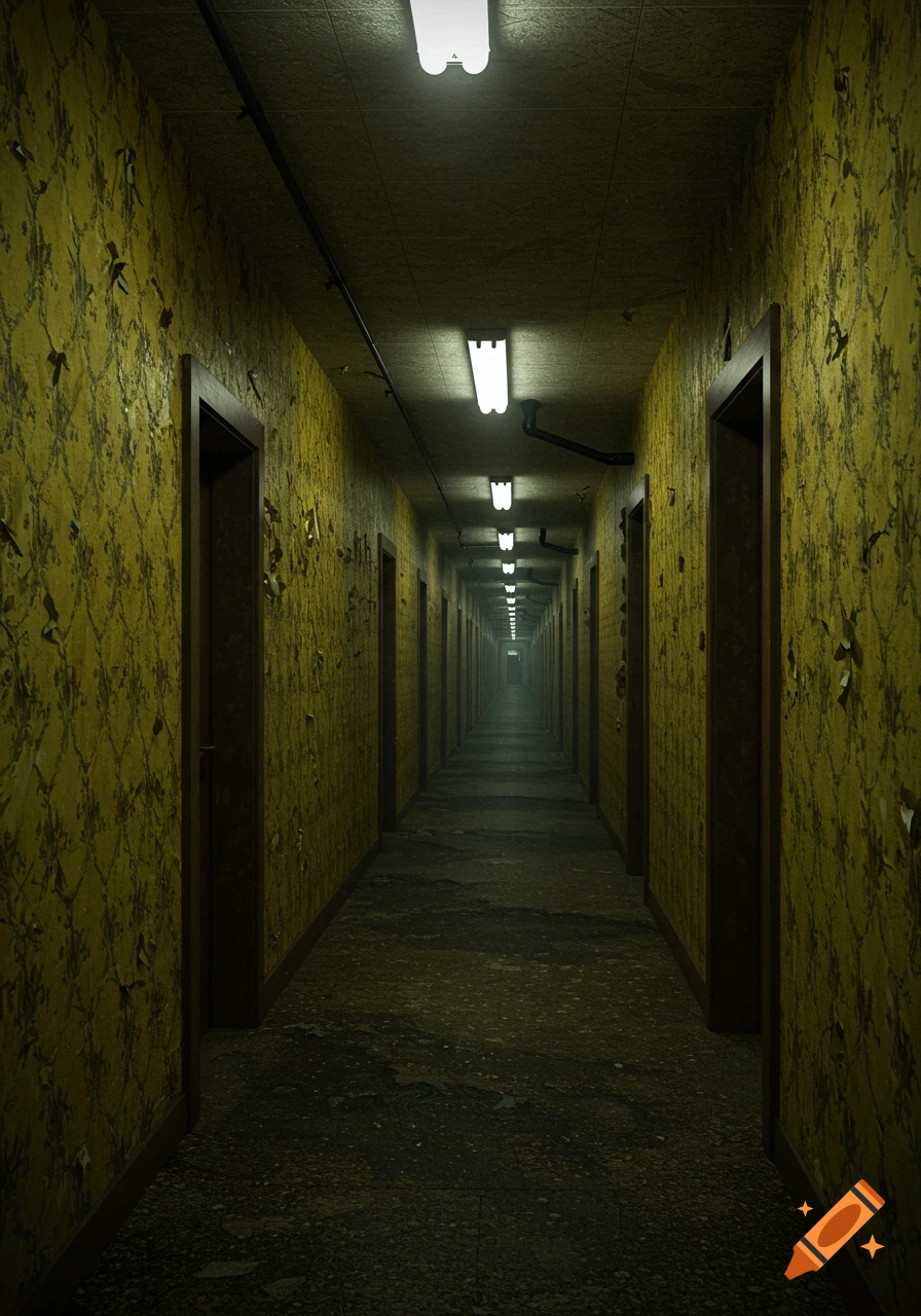 A long, dimly lit hallway stretches into the distance, lined with doors and peeling yellow wallpaper. Fluorescent lights hang from the ceiling.