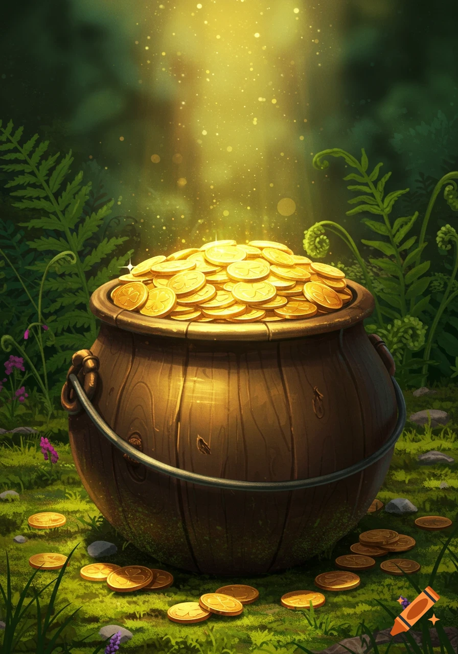 A wooden pot overflowing with golden coins sits in a lush forest clearing, bathed in sunlight.