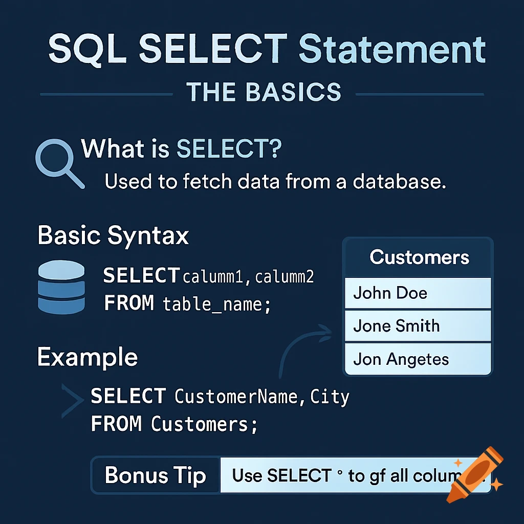 An infographic explaining the SQL SELECT statement basics with examples, syntax, and icons on a dark blue background.