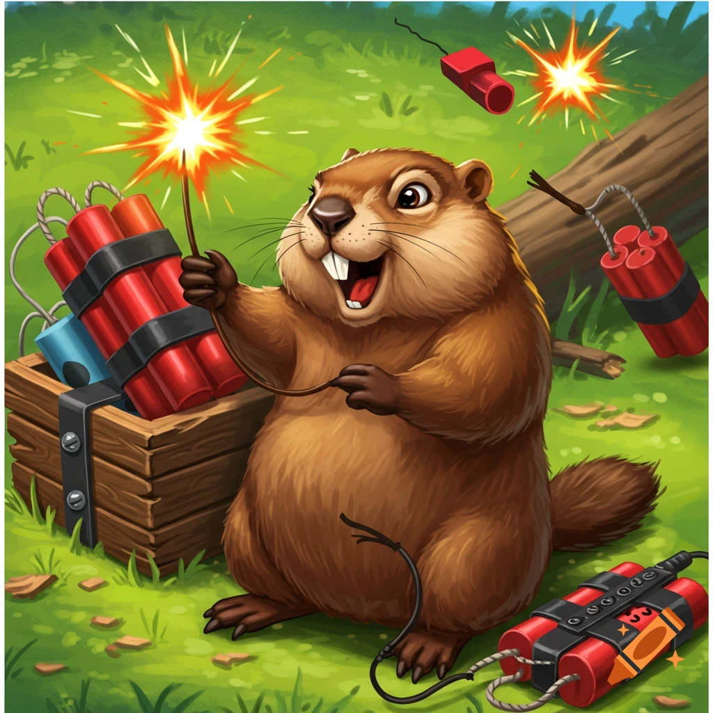 Cartoon woodchuck lights a fuse on dynamite near a crate and detonator, with explosions in the background. Illustration style.