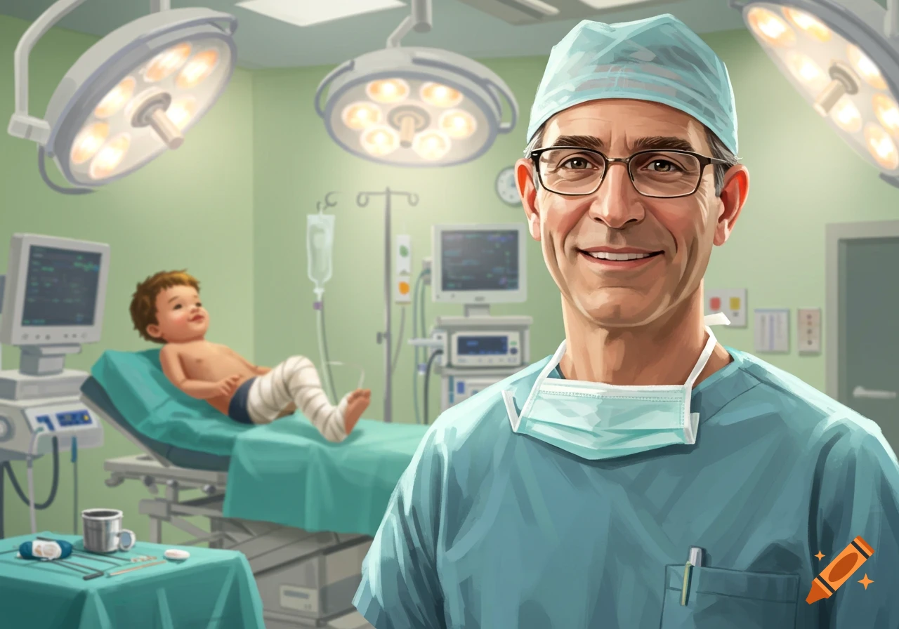Male surgeon in a medical setting with a child patient lying on a bed under surgical lights.