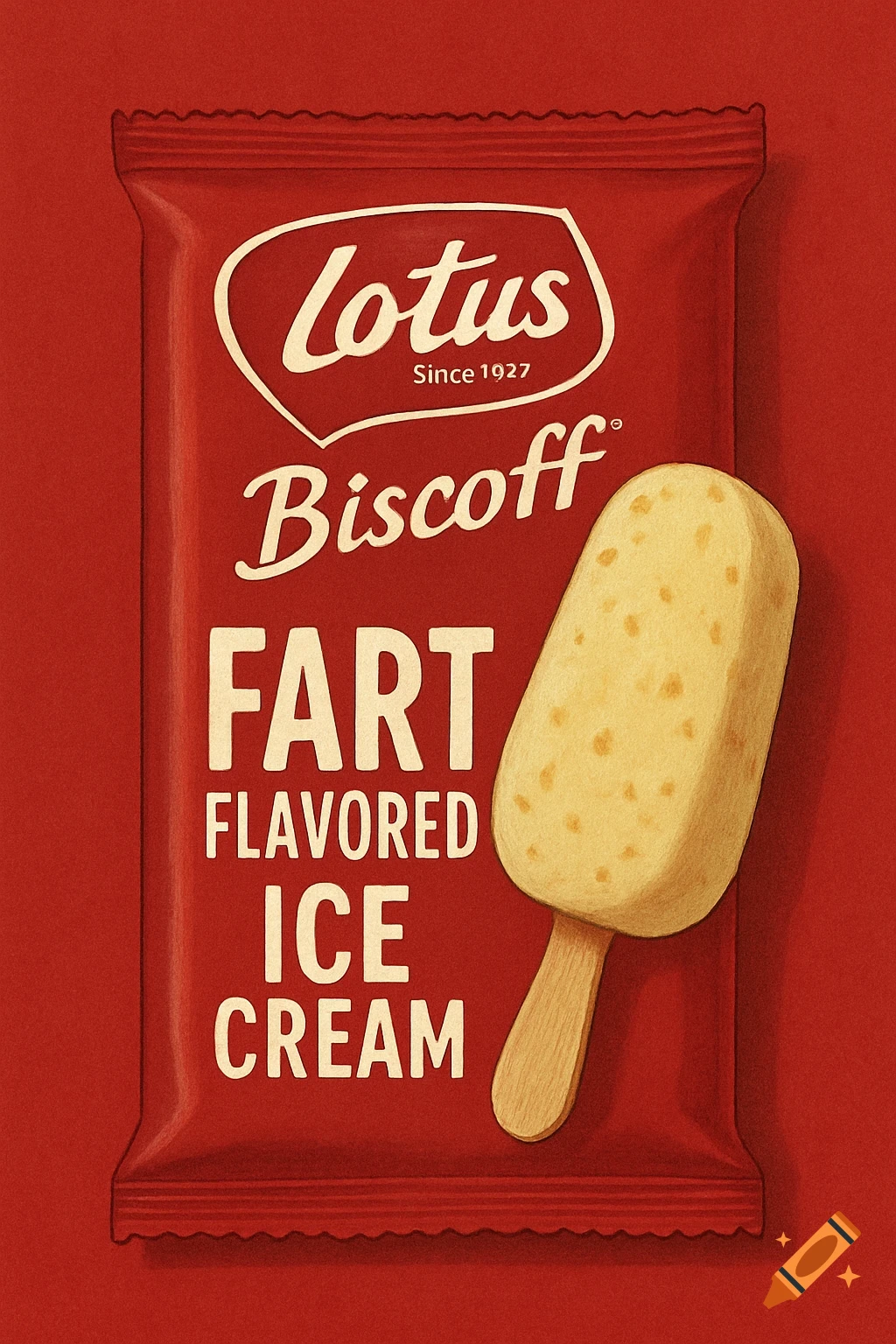 A red Lotus Biscoff ice cream package with 'FART FLAVORED ICE CREAM' text, with an ice cream bar, in a textured style.