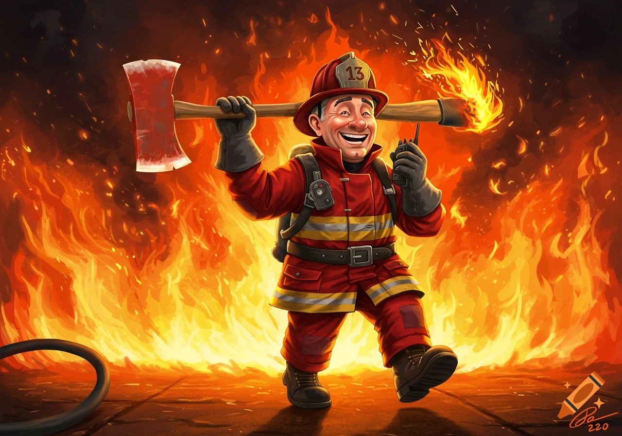 Cartoon firefighter walks from a fire, carrying a burning axe and a walkie-talkie.