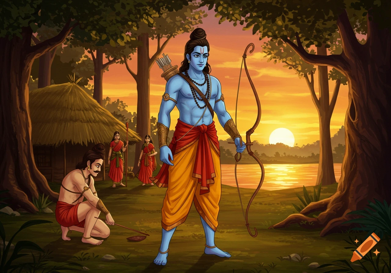 Blue-skinned man with bow in forest at sunset, figures and hut behind, 2D animated style.