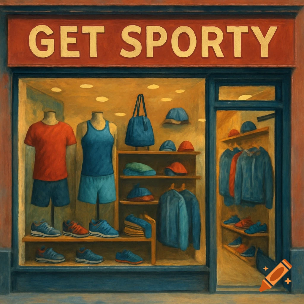 Front view of a sports clothing shop storefront with a 'GET SPORTY' sign, showing mannequins and merchandise.