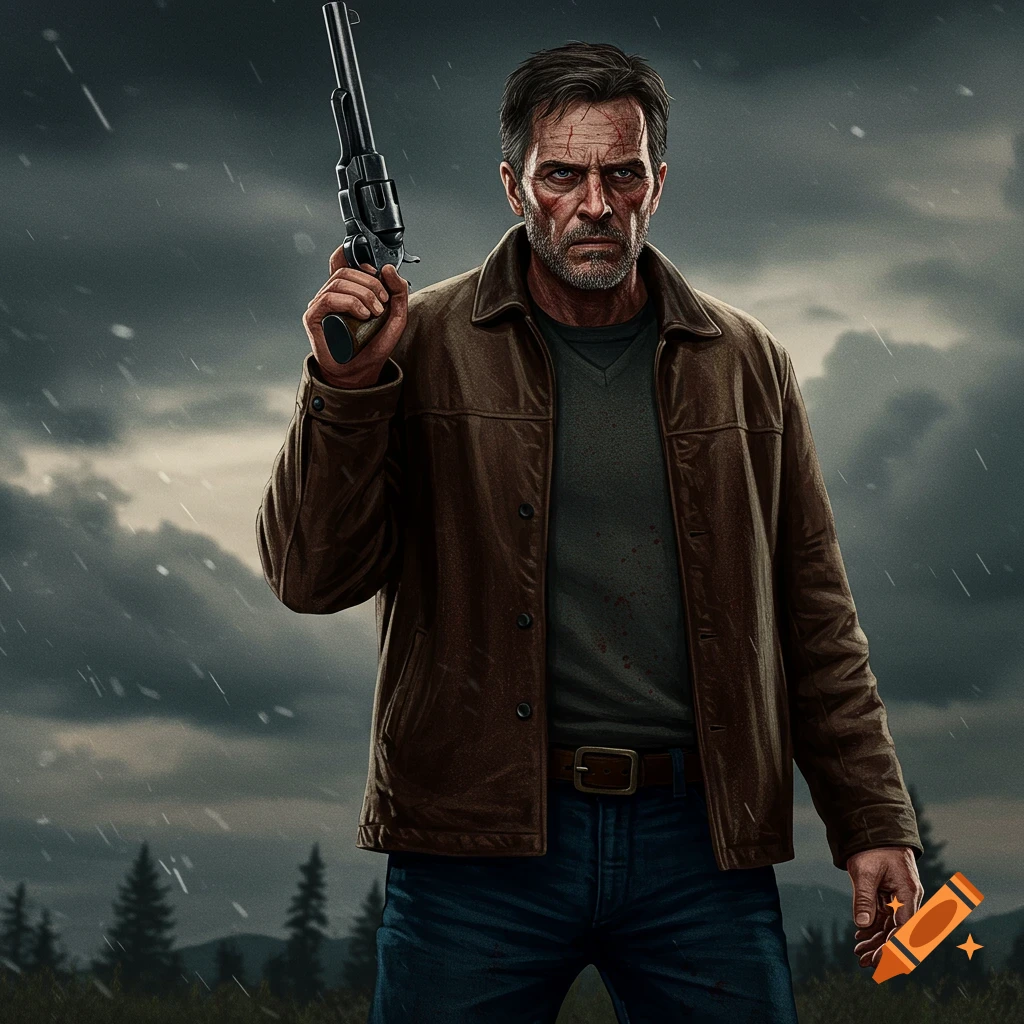 A rugged man in a leather jacket holds a revolver against a stormy sky.