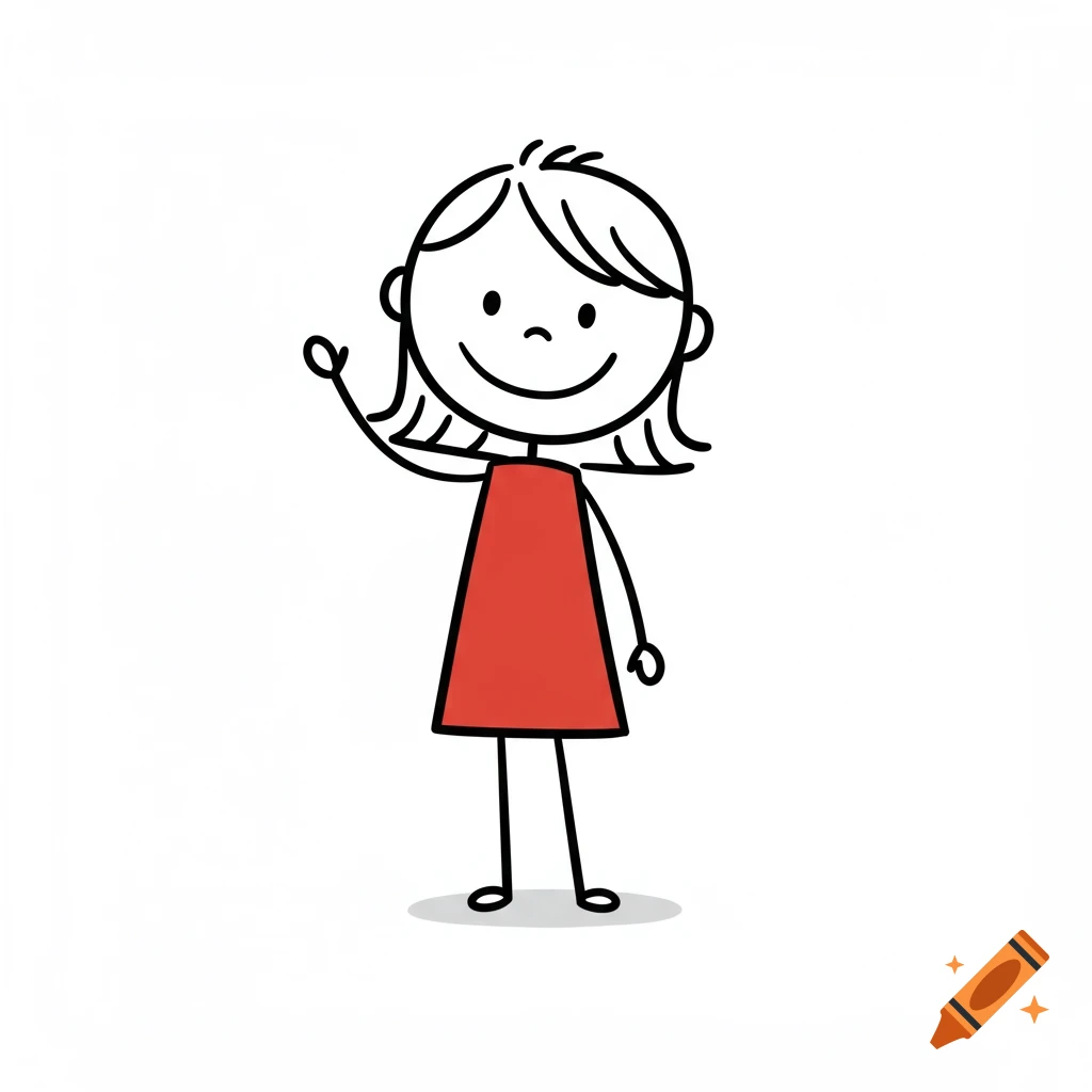 A stick figure drawing of a girl in a red dress waving.