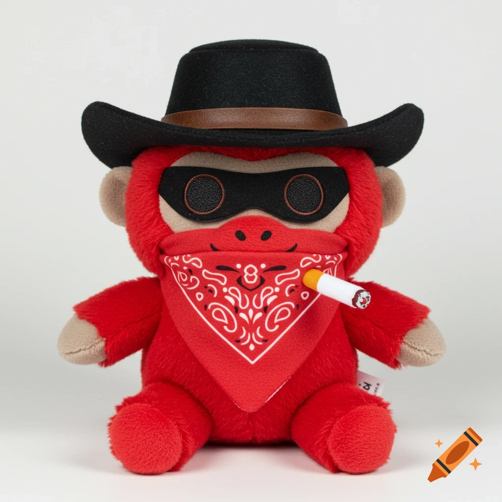 A red furry monkey plush toy wearing a black cowboy hat and red bandana mask, holding a cigarette.