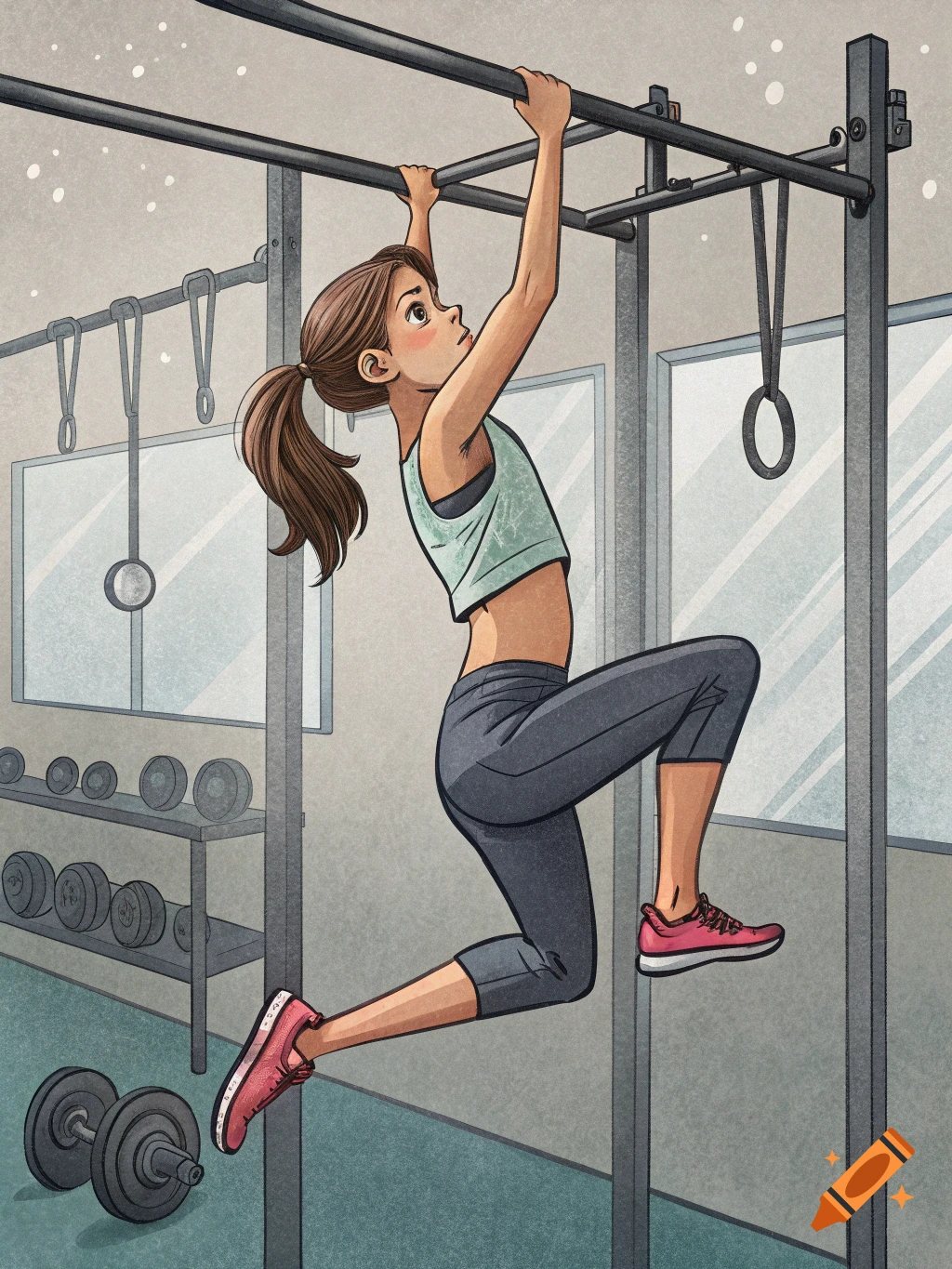 Illustration of a girl hanging from a pull-up bar in a gym.