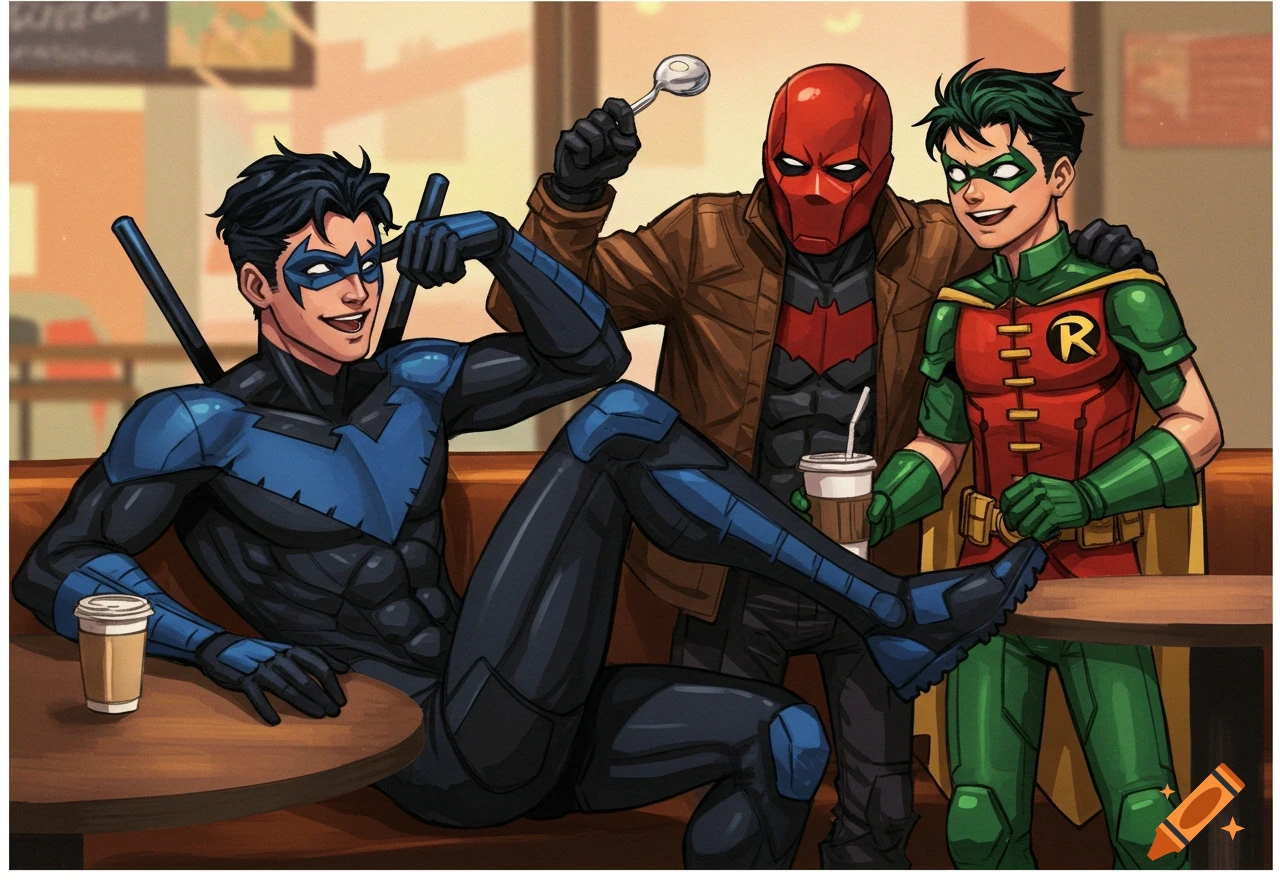 Comic style art of Nightwing, Red Hood, and Robin sitting together at a cafe table.