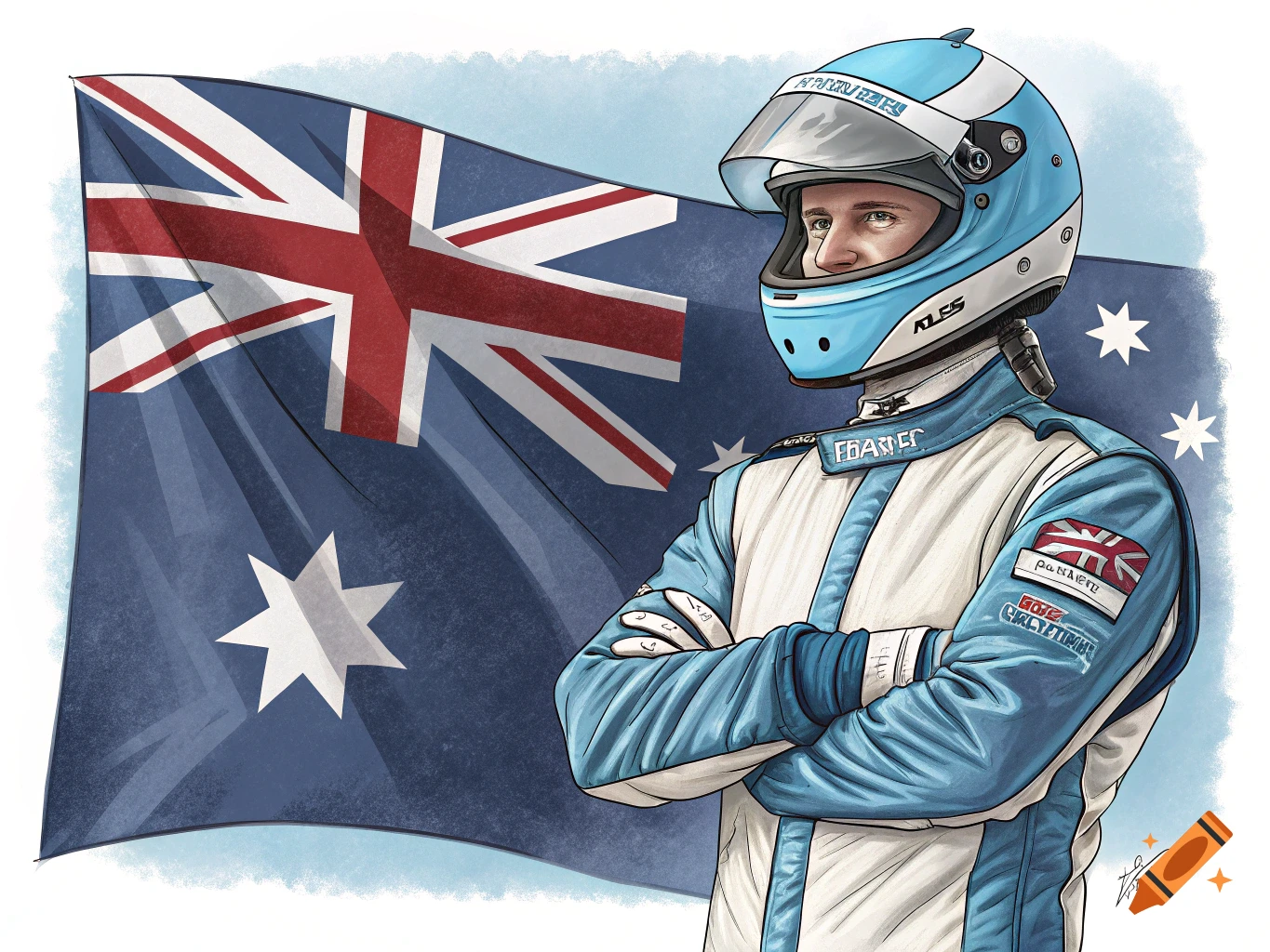 Cartoon illustration of a racing driver in a blue and white suit and helmet in front of the Australian flag.