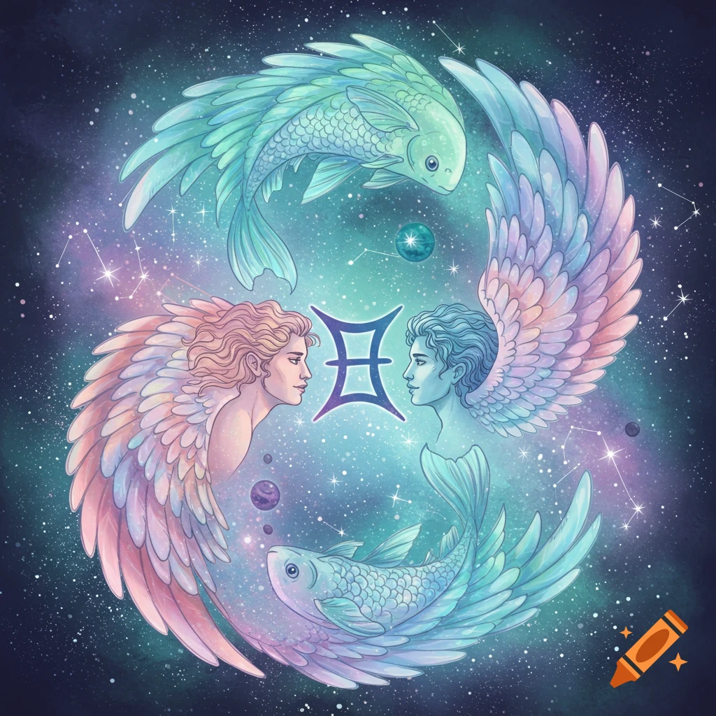 Stylized illustration of Gemini symbol, two winged human figures, and two winged fish arranged in a circle in space.