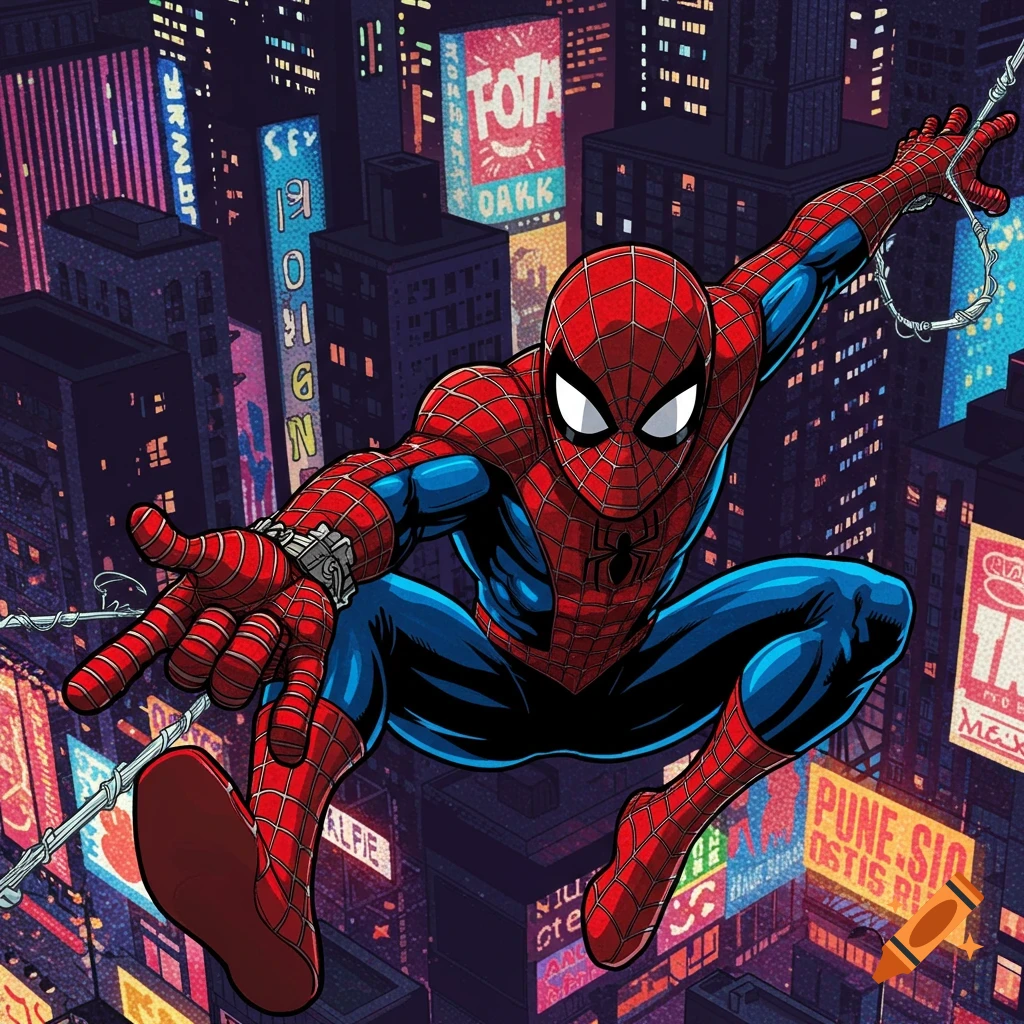 Spider-Man swings through a neon-lit city at night in a comic book style.
