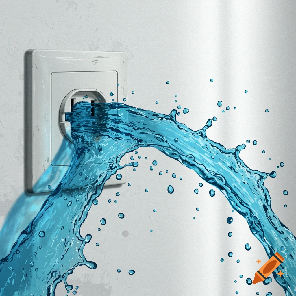 Water dramatically sprays out of an electrical outlet on a textured wall.