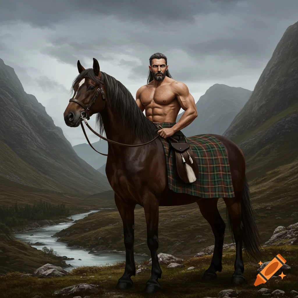 Muscular man riding a horse draped in tartan in a Scottish highlands landscape.