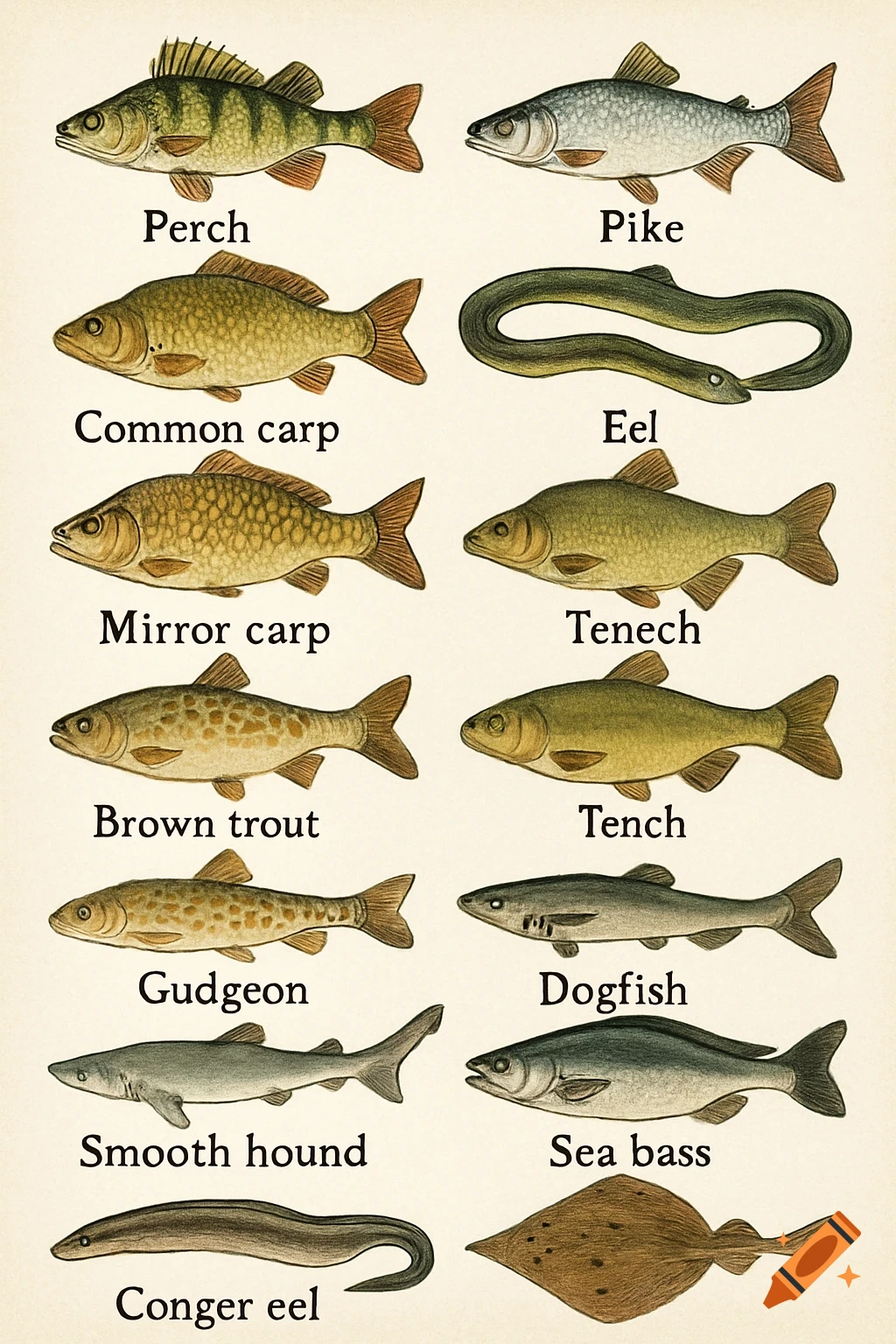 Illustrations of various fish species, each labeled with its name, in a vintage scientific style.