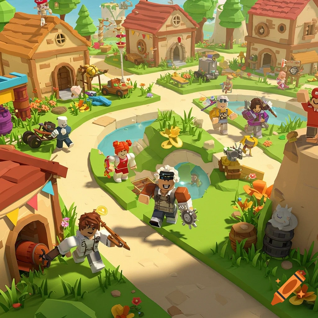 A stylized blocky village scene featuring characters resembling Roblox avatars, buildings, paths, and a pond.