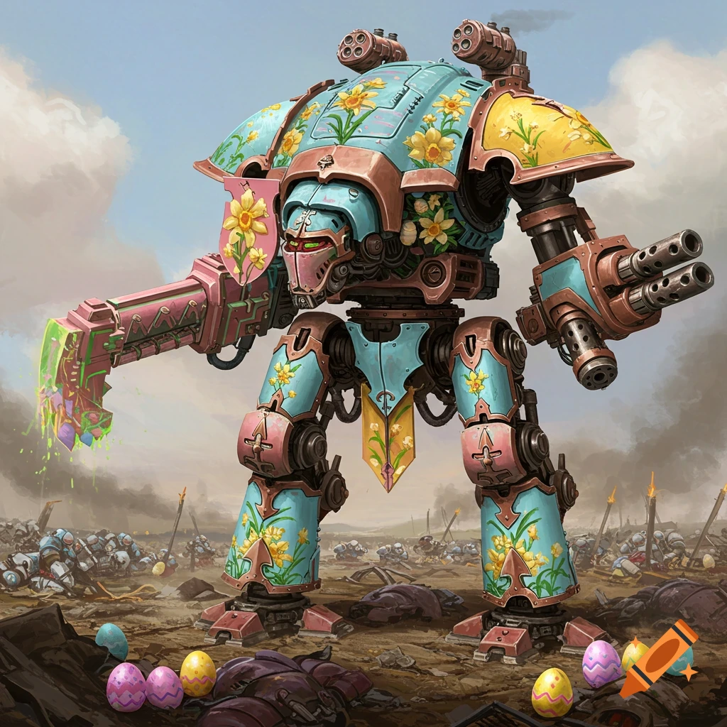 A large mecha painted in pastel Easter colors with daffodils stands on a battlefield scattered with Easter eggs and fallen figures.