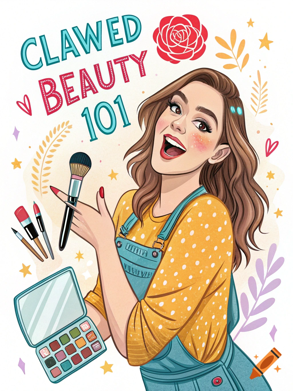 Illustration of a smiling woman with makeup holding a brush and palette, with the text 'Clawed Beauty 101'.